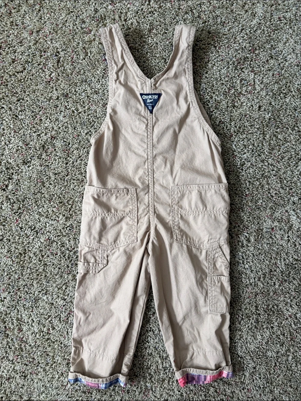 OshKosh B'gosh Baby Toddler Lightweight Plaid-Lined Khaki Canvas Overalls - 2T